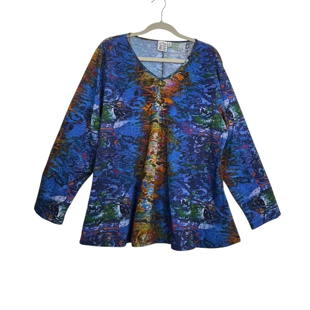 Parsley & Sage Abstract Watercolor Print Tunic Top 1X Blue Artsy Boho Stretch